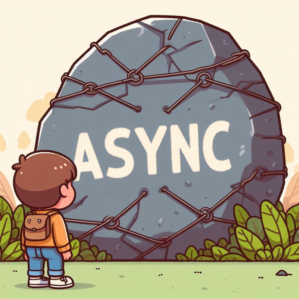 A cartoon of a kid looking at a big rock with the word ASYNC written in it