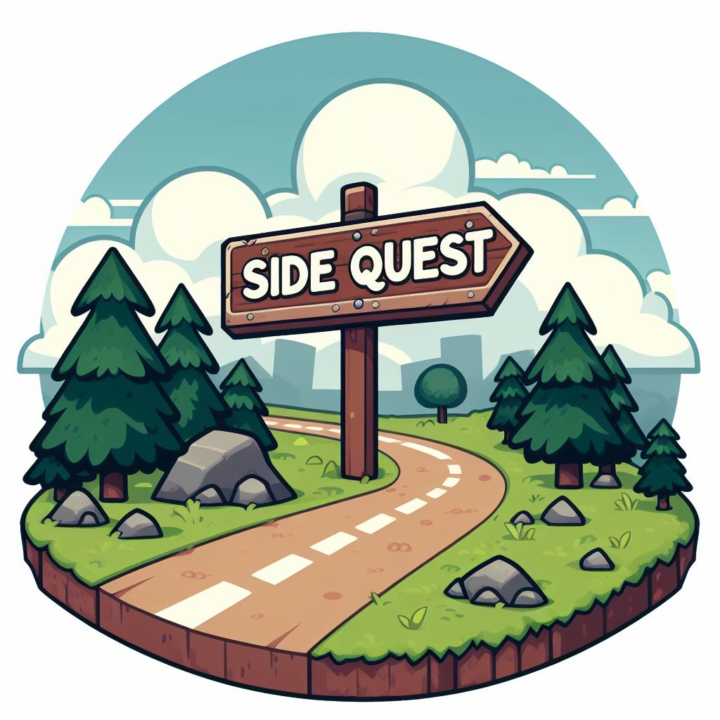 A cartoon picture of a road with a sign reading 'Side Quest'. Both on top of a floating piece of land.