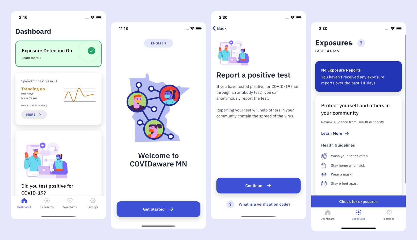 Four screenshots on a light purple background; the dashboard, a welcome screen, a positive test self-report scree, and exposures screen