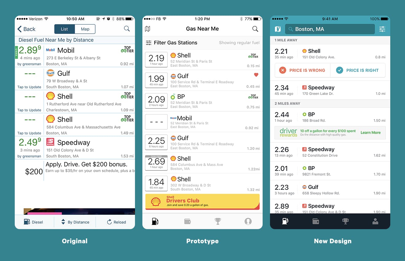 Iteration of the Gasbuddy application; Original design, prototype design, new design