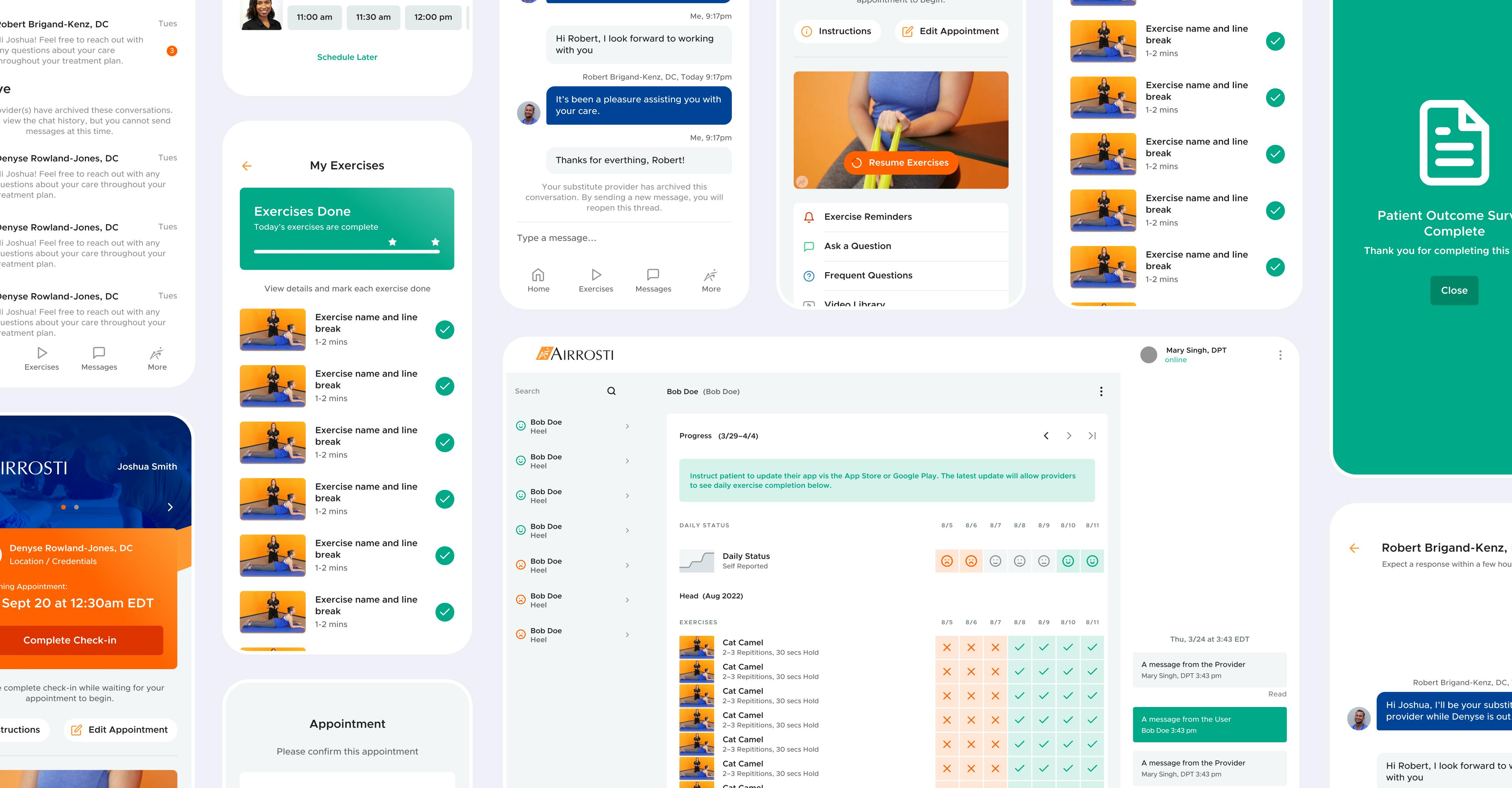 A collage depicting snapshots of the Airrosti mobile app as well as one snapshot of the Airrosti desktop provider web application.