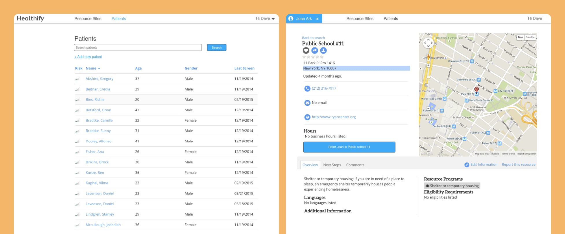 Two screenshots from the Healthify prototype; the first is a list of patients with their name age, gender and last screen, the second is a search result of a public school with a map