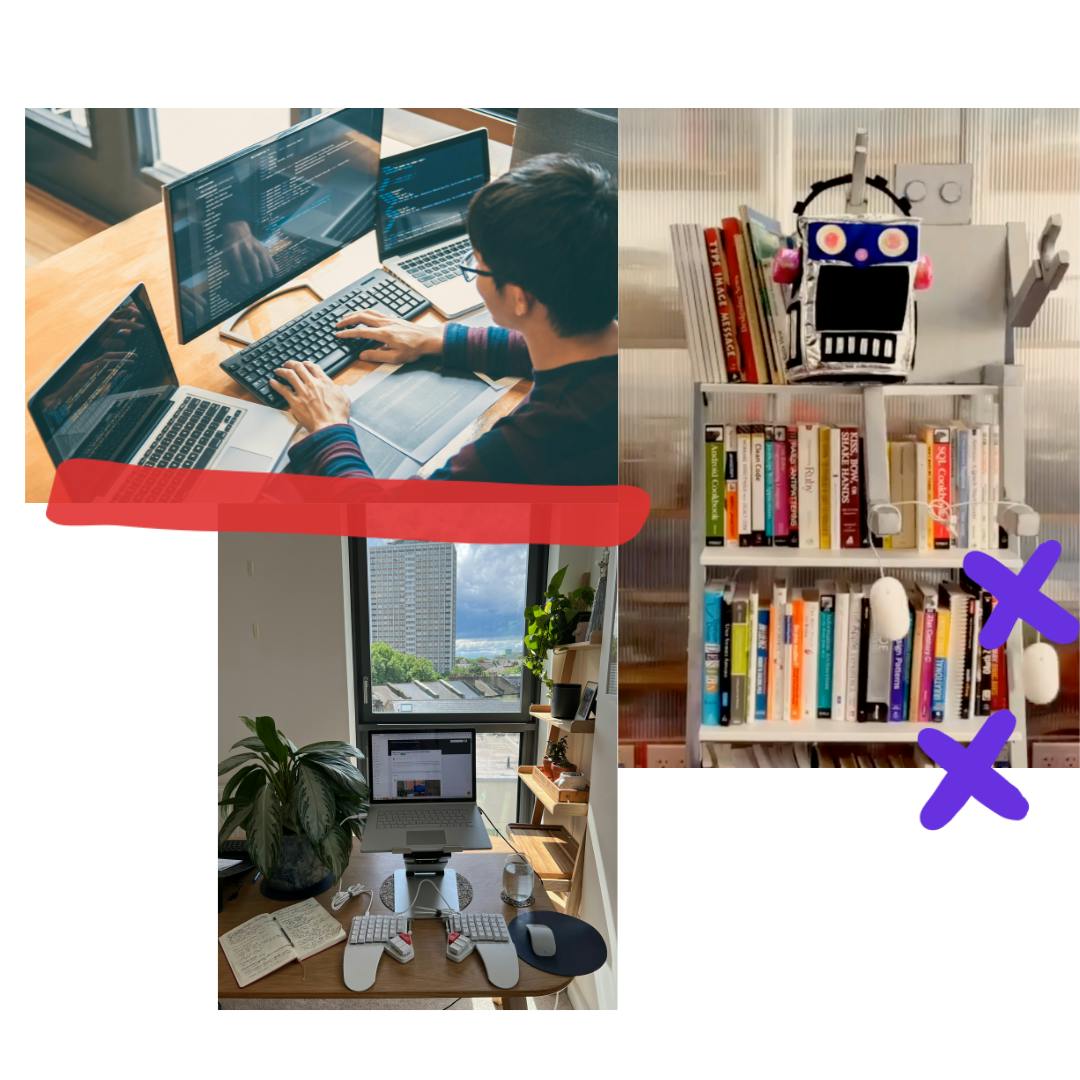 A collage of images with squiggles that features a person in front of 3 computers, a bookshelf filled with books with a robot plush on top, and a desk with a laptop and keyboard and plant in front of a window.