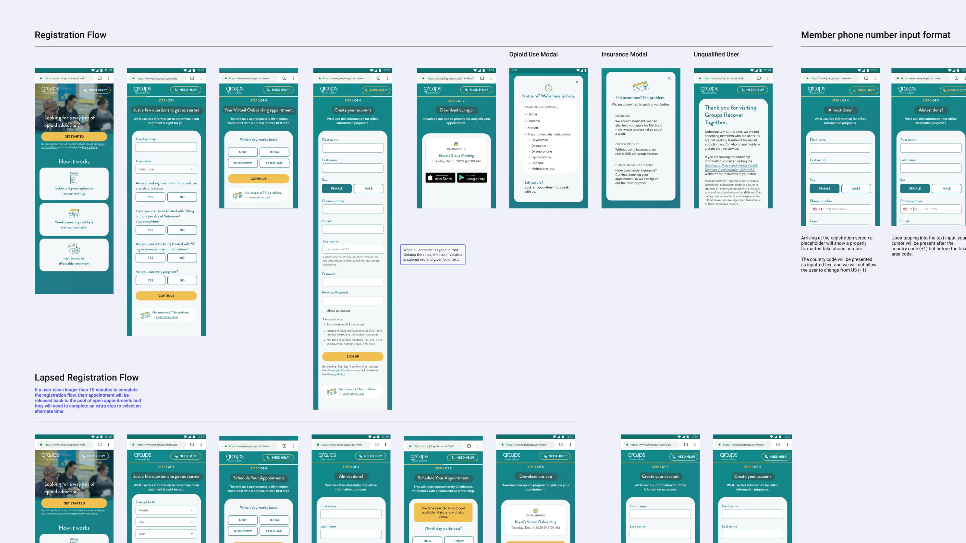 Views of various prototype flows of the Groups Recover app on a gray background.