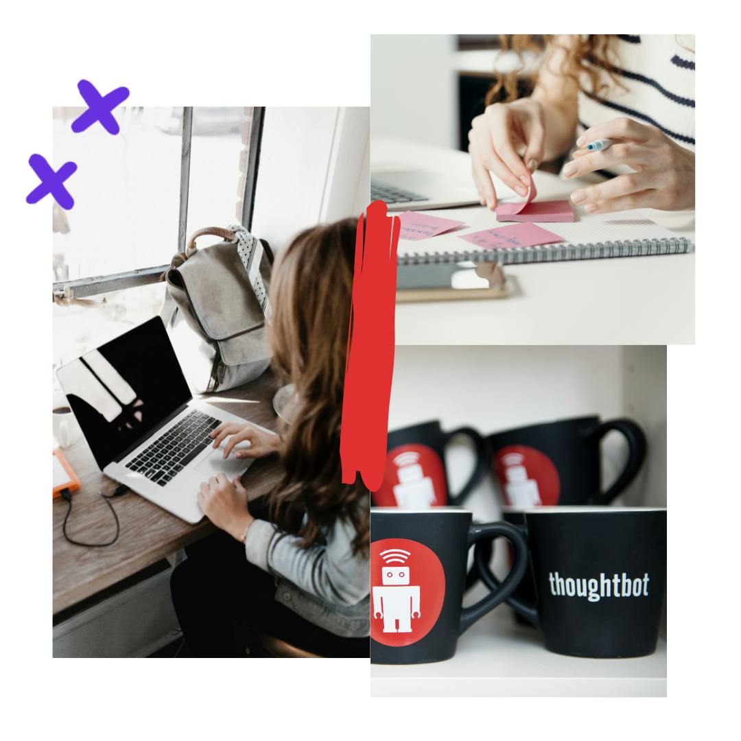 collage of 3 images: a person typing on a laptop, hands writing on sticky notes, black coffee mugs with the thoughtbot logo