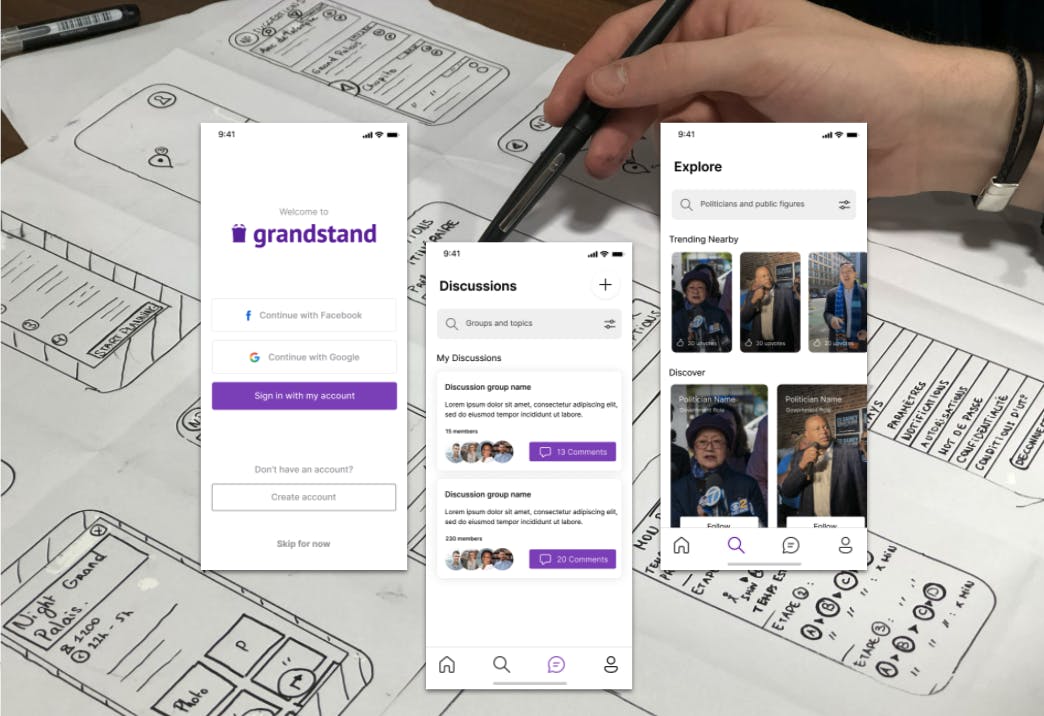 3 mobile-sized screenshots of the Grandstand app next to each other on a background of a hand drawing prototypes on paper.