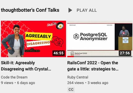 A screenshot of a youtube playlist of thoughtbotter's conference talks.