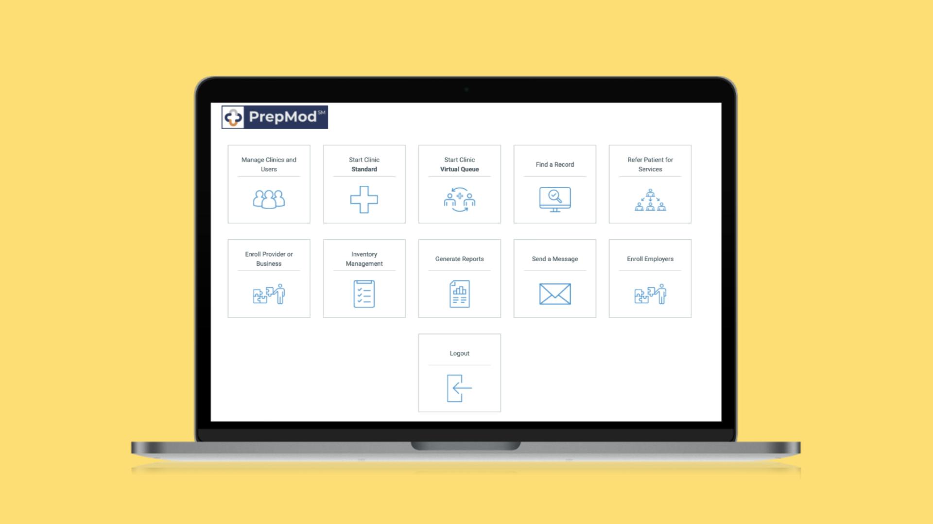 A laptop computer with a screenshot of the PrepMod app against a yellow background.