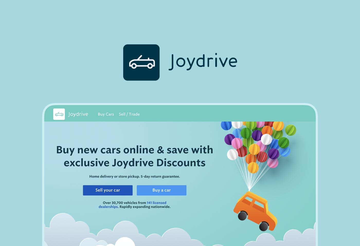 The Joydrive logo on a blue background sitting above a screenshot of the Joydrive homepage