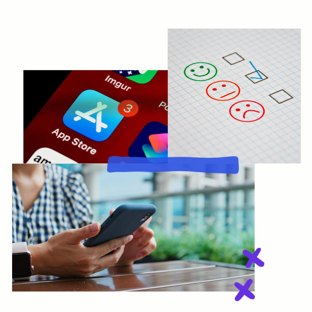 Collage of 3 images: a closeup screenshot of an iphone with the app store logo, a paper with 3 face drawings and one with a checkmark by it, and hands holding a phone.