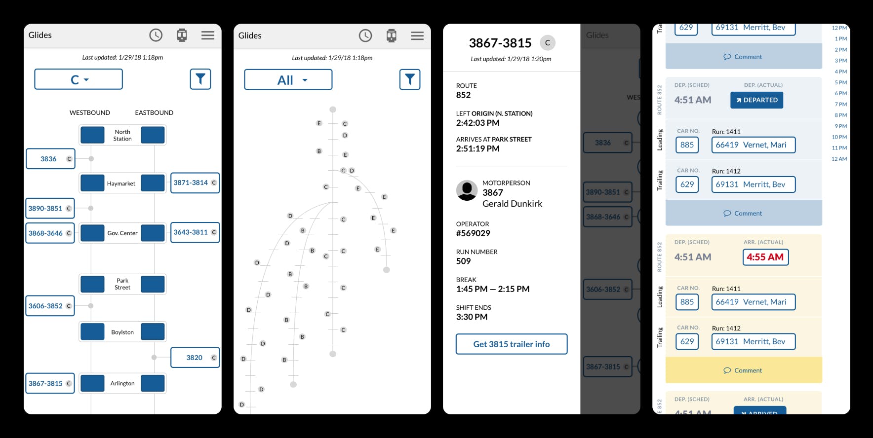 Four screens from the prototype; a screen showing stops of a single train, a screen showing the map of all stops, a screen showing the details of a single train, an arrival screen