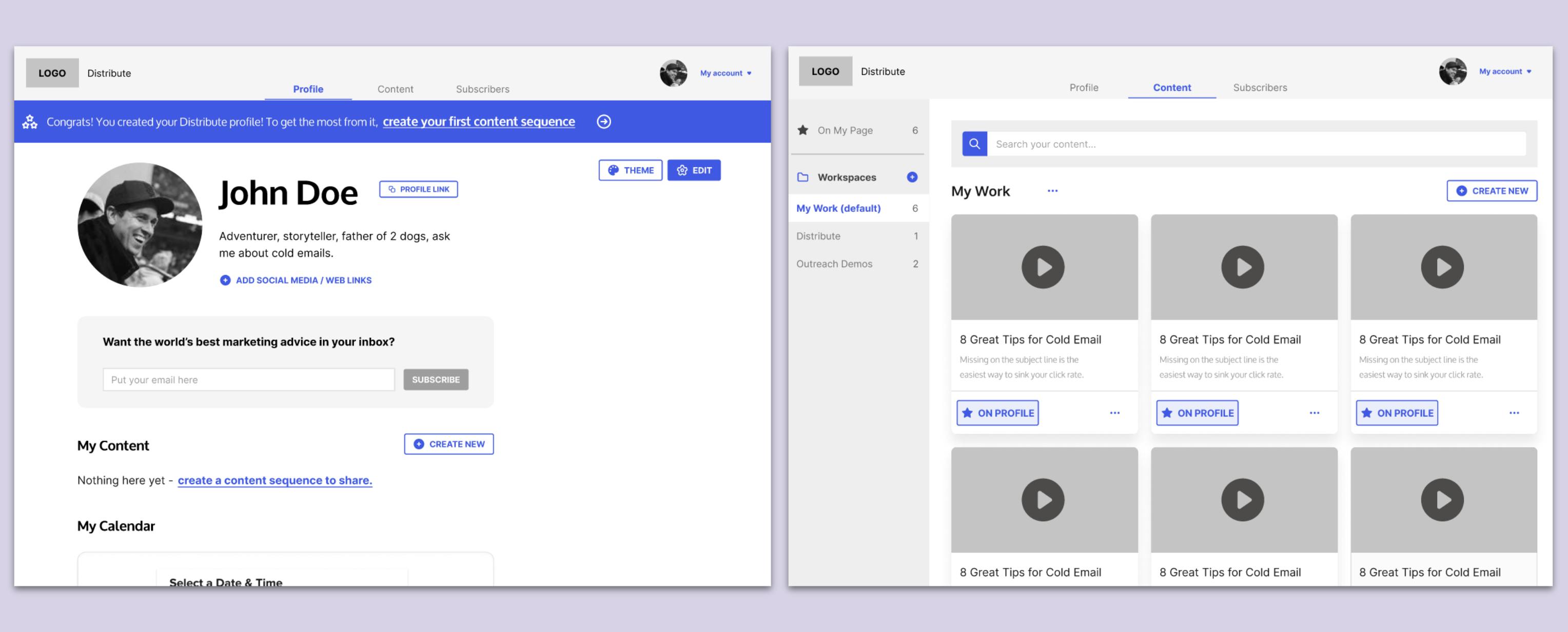 Two screens next to each other each showing different wireframes of the Distribute platform.