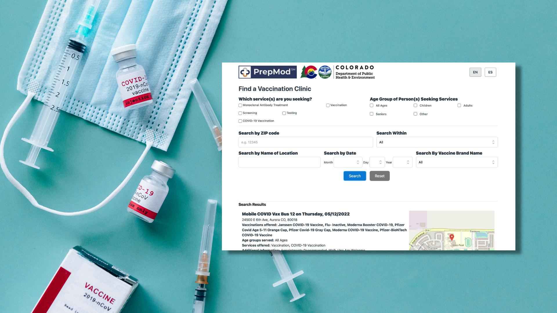 A screenshot of the find a vaccination clinic page on a blue background with vials, needles, and a face mask.