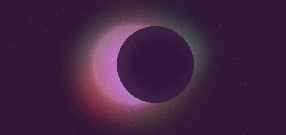 A dark purple circle overlapping a lighter glowing circle with a halo of colors on a dark background.