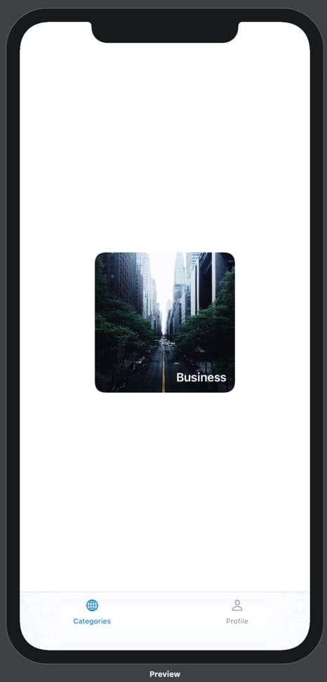 An iPhone 11 Pro max running our prototype. On the prototype is a bottom tab bar with two options: Categories and Profile. Above the categories tab label is a globe icon, and above the profile tab label is a person icon. The categories tab is blue and the profile tab is black. Above the bottom tab bar is an image of a foggy New York City taken from above a road, looking down it. There are deep green trees on either side of the road. The image is positioned in the center of the screen and has a lot of white space around it. Its corners are rounded and it is square. Overlayed on the image in the bottom right is the text "Business" in white. There is more distance between this text and the edges of the image when compared to the previous image.