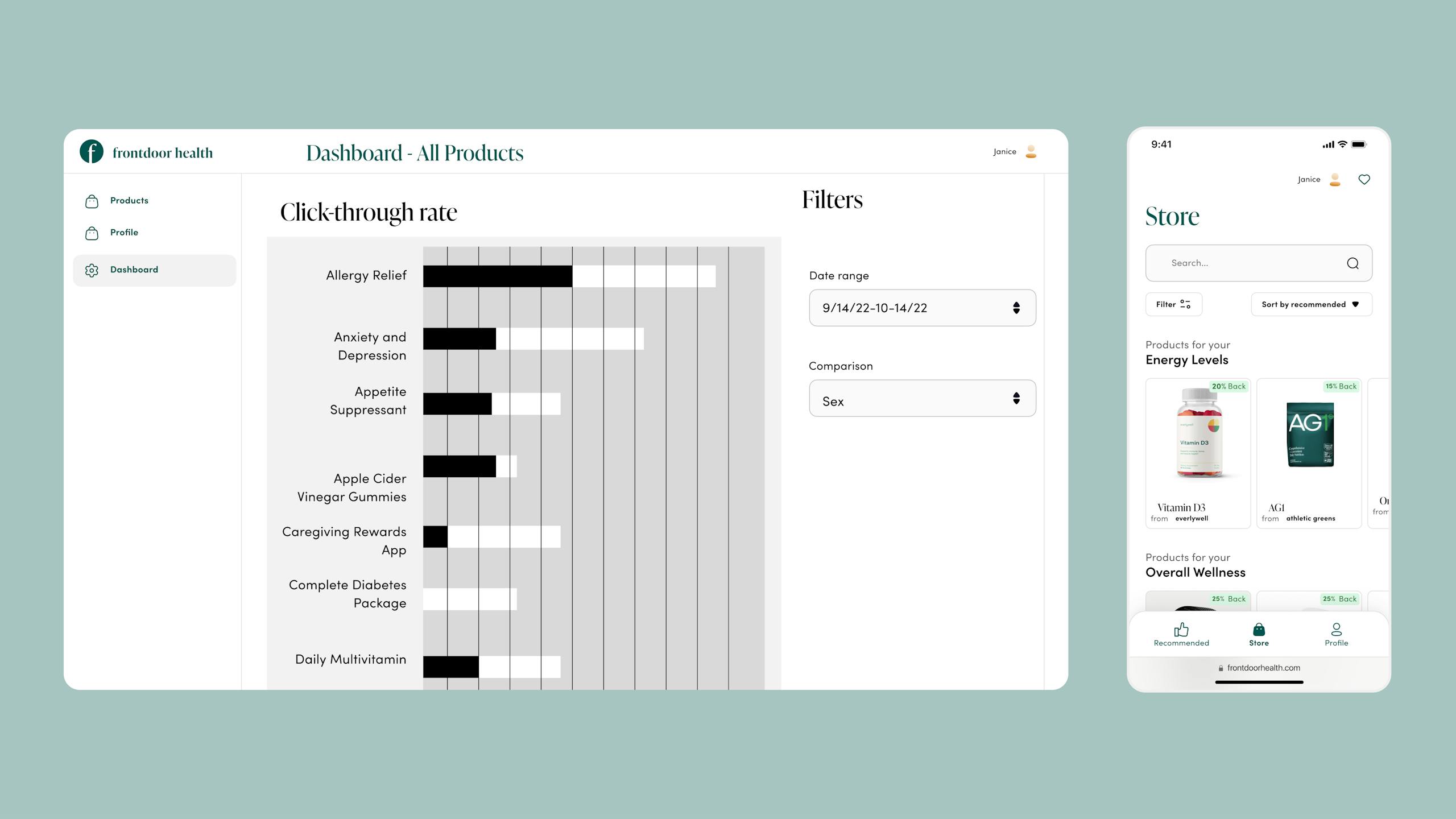 Frontrow Health screenshots of the desktop dashboard and a mobile screen on a light green background.