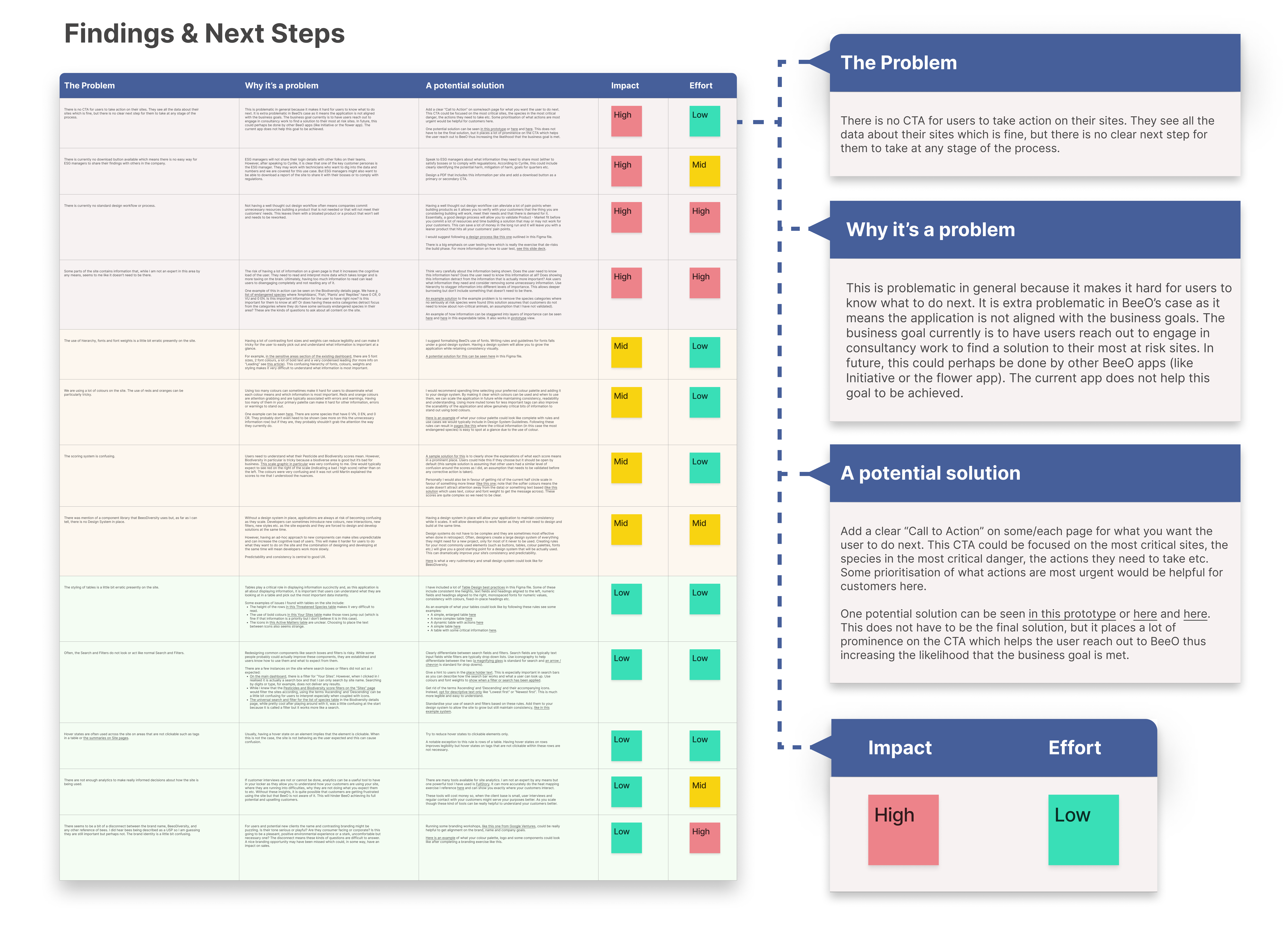 A screenshot of the list of recommendations and next steps BeeOdiversity were left with at the end of the Design Audit process.