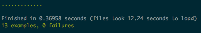 Test Suite Output - 13 examples, 0 failures, Finished in 0.36985 seconds