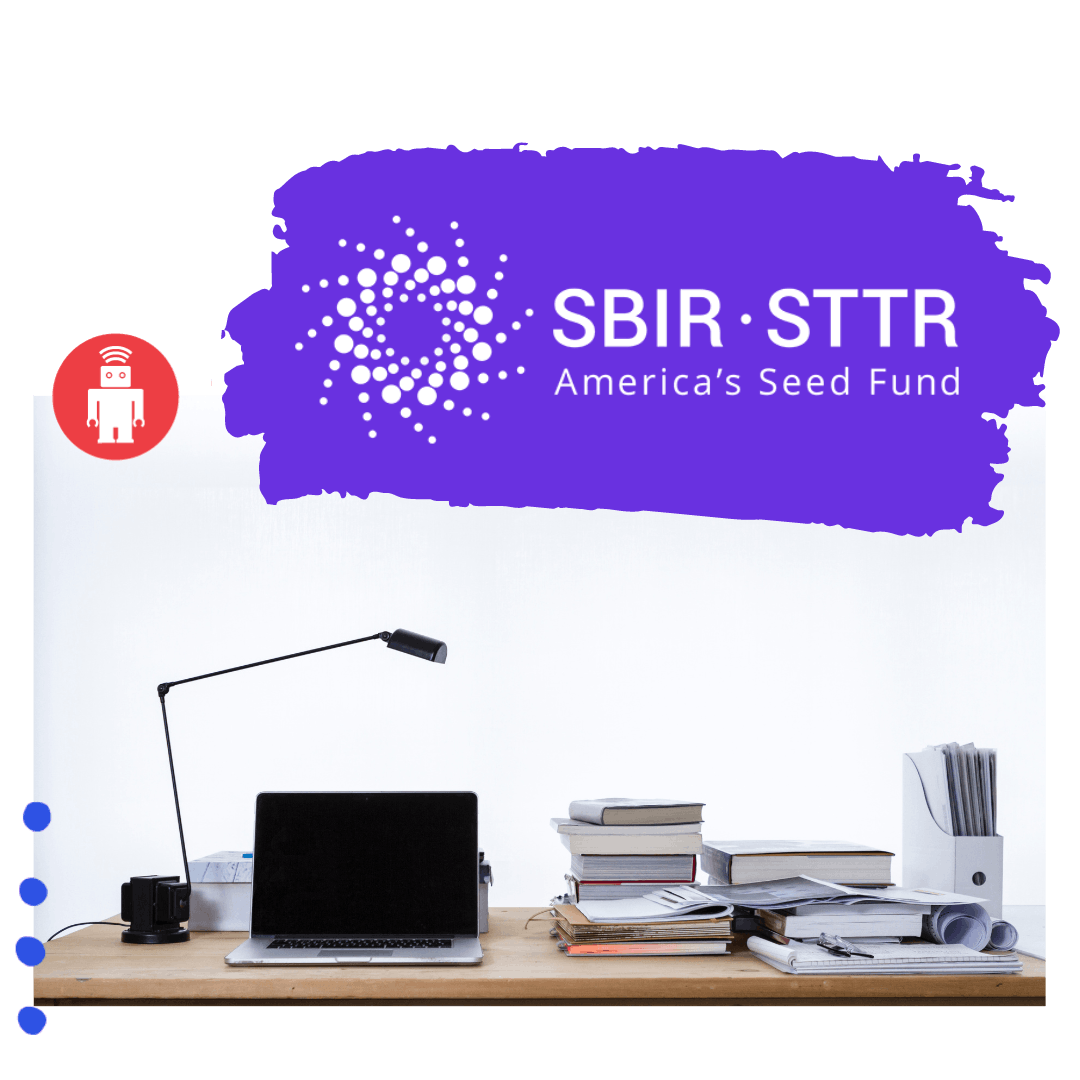 A desk with a laptop, lamp, and a pile of books overlaid with the thoughtbot logo and text that says SBIR STTR America's Seed Fund.