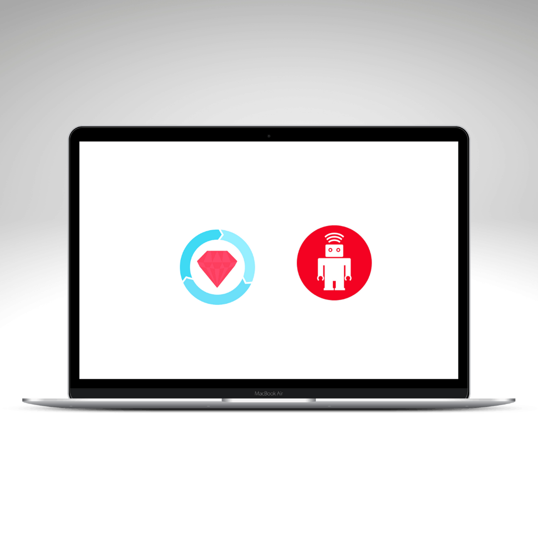 A laptop showing a Ruby gem logo and the thoughtbot logo