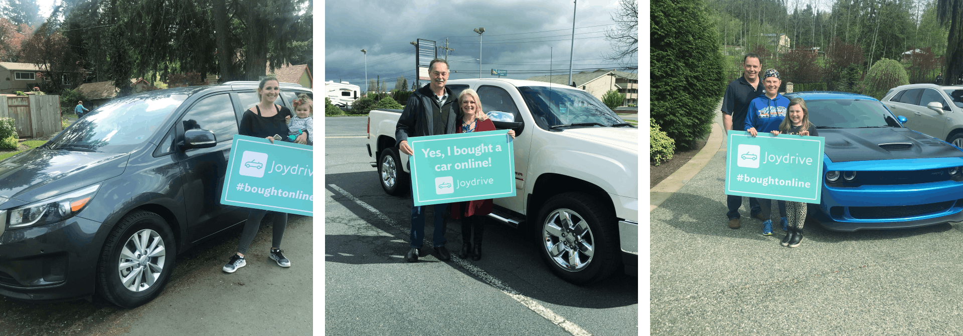 Three photos of Joydrive customers holding up signs for Joydrive in front of their new cars