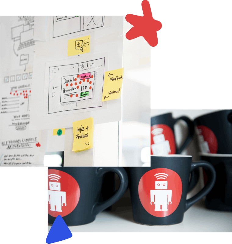 A collage of 2 images: a whiteboard with prototype drawings and sticky notes and black mugs with the thoughtbot logo.