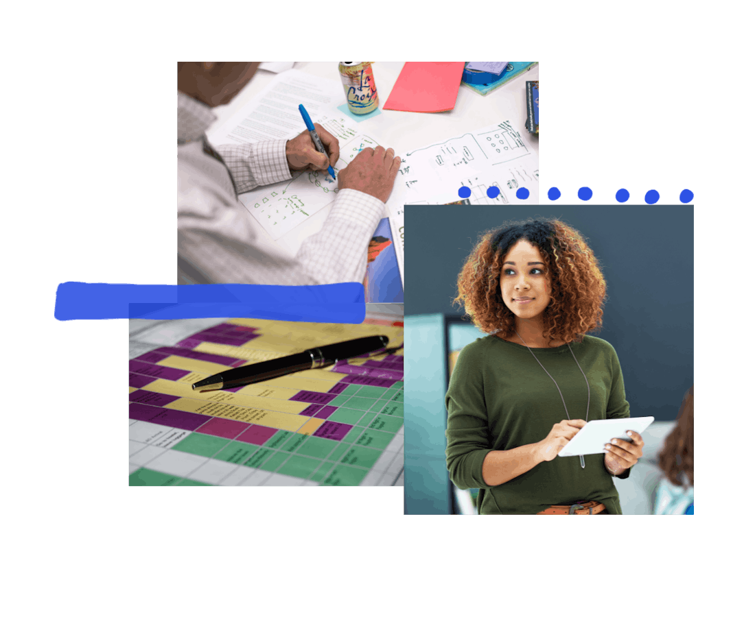 Collage of 3 images: A person sketching a prototype on paper, A pen on a color-coded calendar, a woman looking to the side holding a tablet