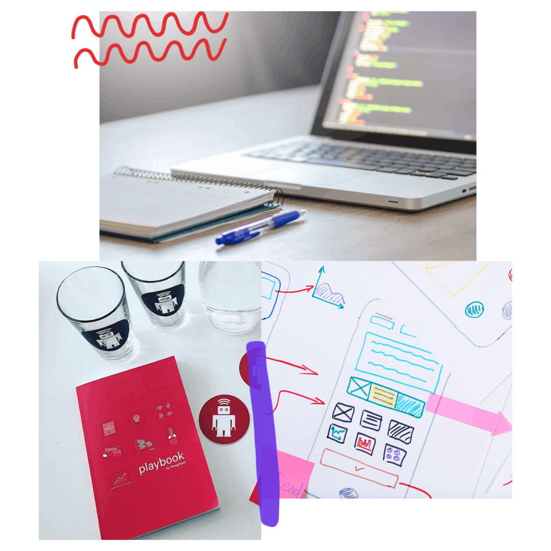 Collage of 3 images: A laptop with code on the screen and a notebook, a red book that reads Playbook with cups, A colorful drawing of a prototype.