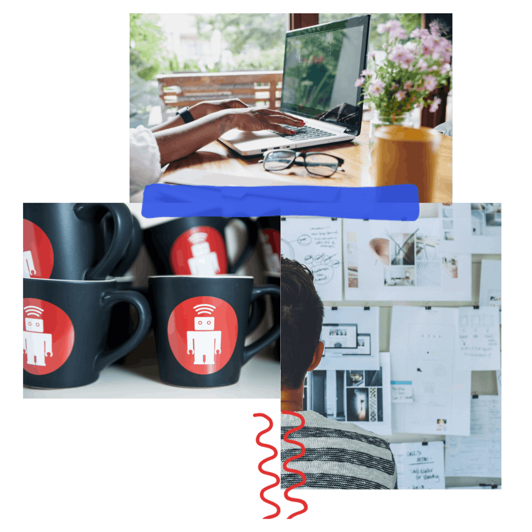 A collage of 3 images: hands typing on a laptop at a desk, black mugs with the thoughtbot logo, and various drawings on paper taped to a wall.