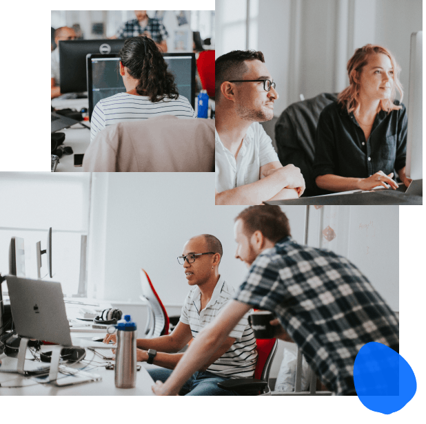 Image Collage from top left to bottom; Developer working at their desk on code; Two developers pairing at their desk; One developer talking with a seated developer reviewing code