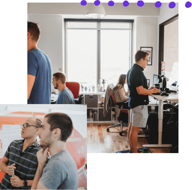 Collage of two photos: the first is of four thoughtbot teammates working on computers at their desks; the other shows a thoughtbot designer and a developer critiquing something