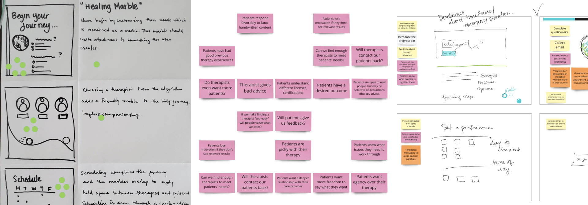 Three screenshots from the design sprint, featuring a 3 panel comic with notes and dot votes, a list of cards for assumptions to test, and a storyboard for a prototype.