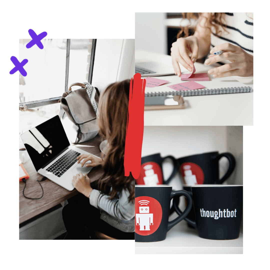 A collage of 3 images: a person typing at a laptop, hands writing on sticky notes, and black mugs with the thoughtbot logo.