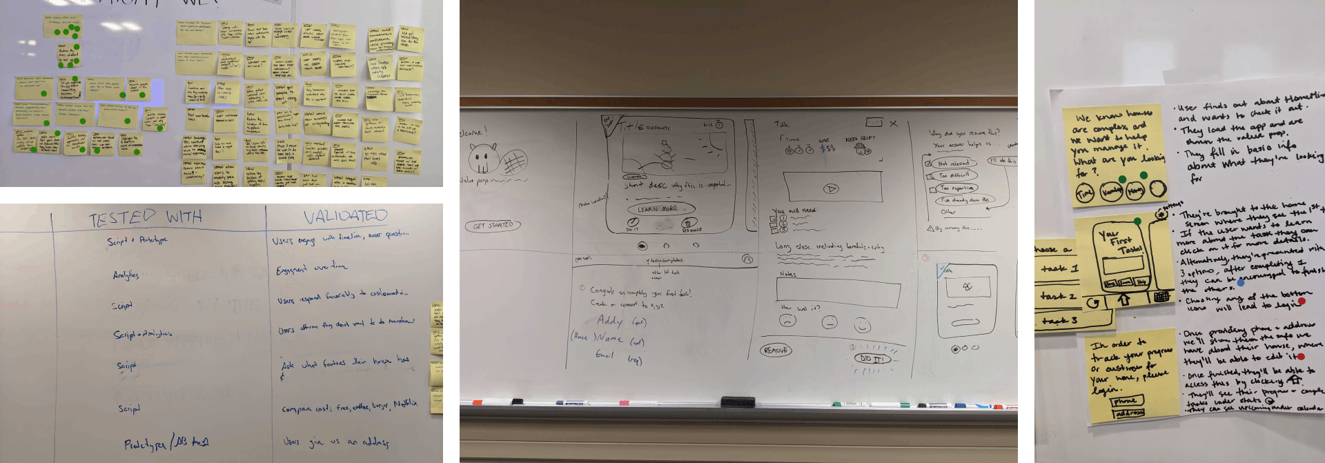 Four photographs were taken during the design sprint; a wall of post-its, a section of the assumptions test table, the main storyboard on a whiteboard, a storyboard with post-its and dot votes on it