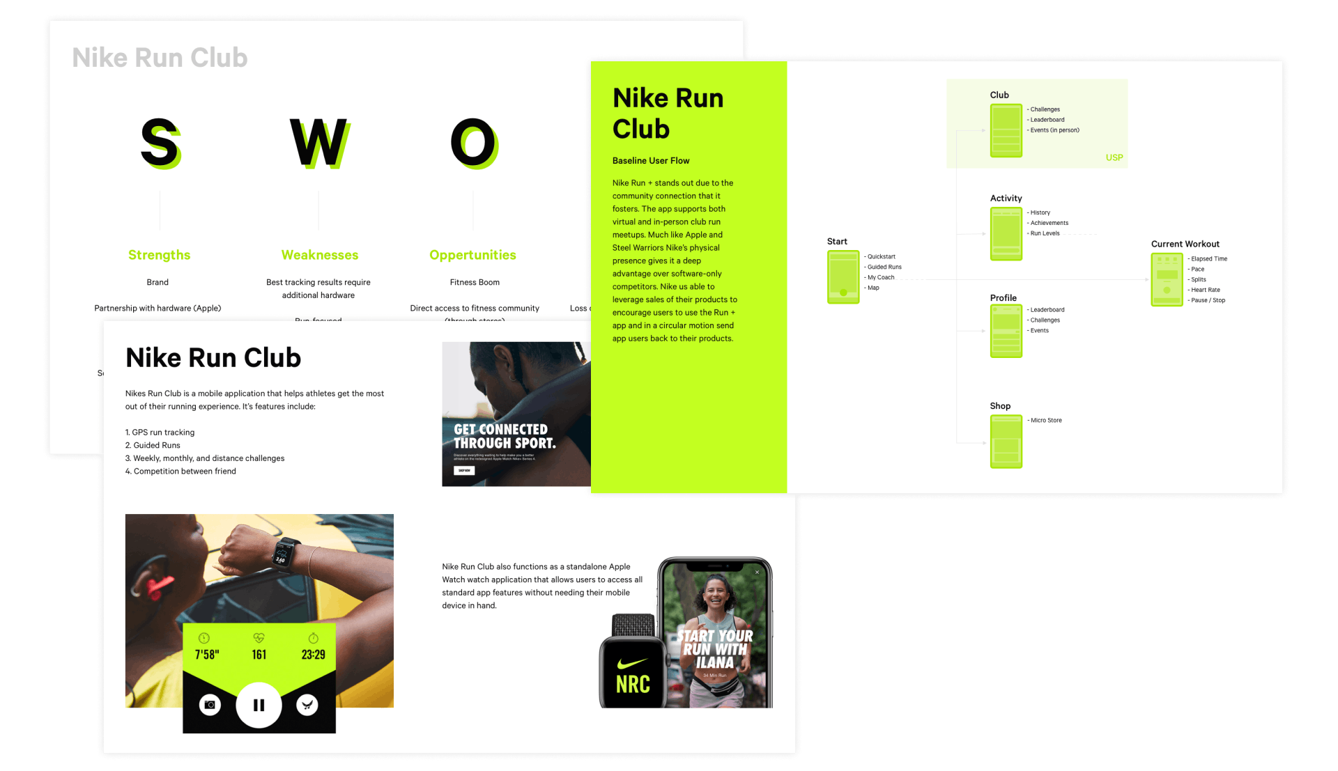 Three screens showing the competitive analysis work that was done with Nike Run Club