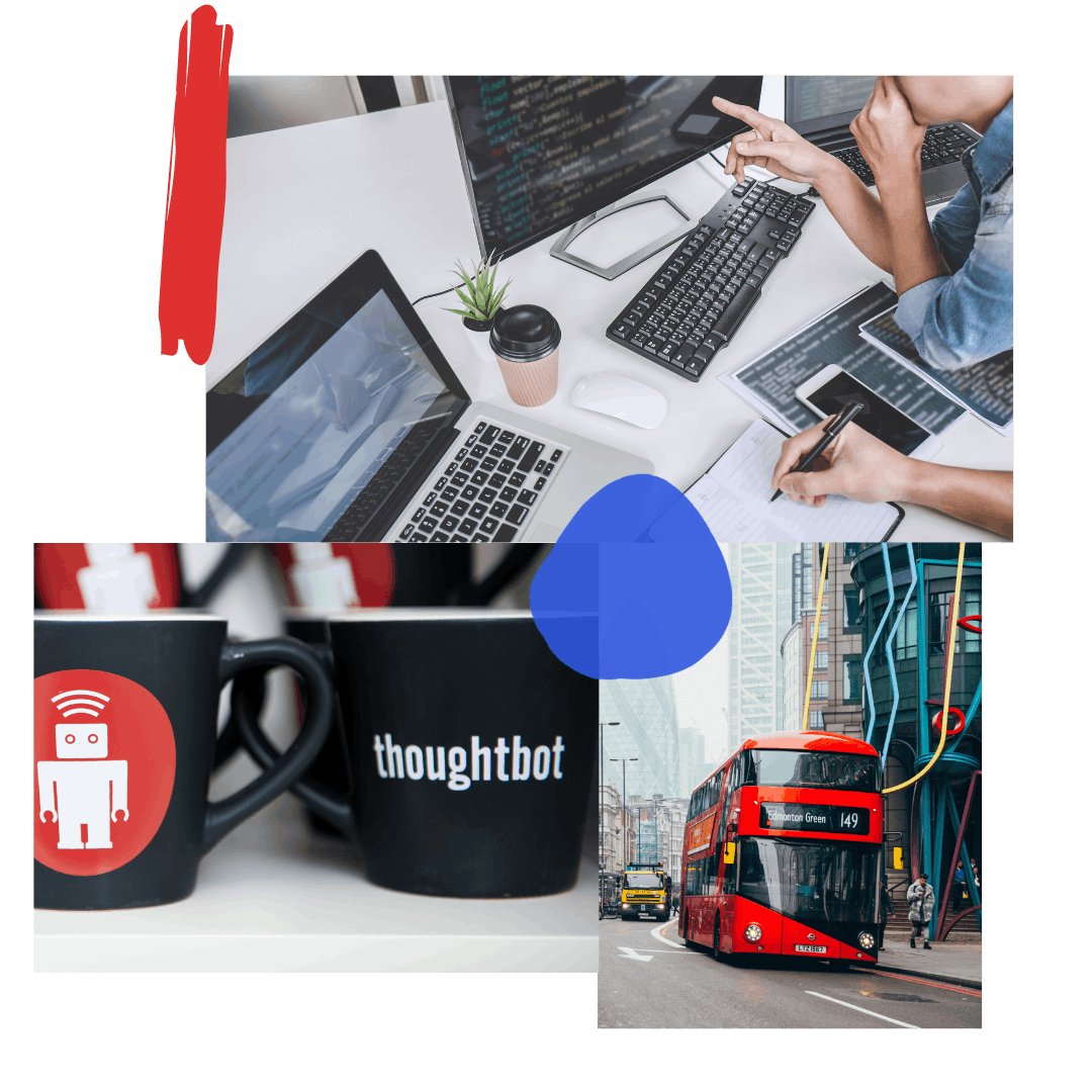 A collage of 3 images: a laptop and monitors at a desk with people pointing at the screen, black mugs with the thoughtbot logo, and a red double-decker bus on a city street.