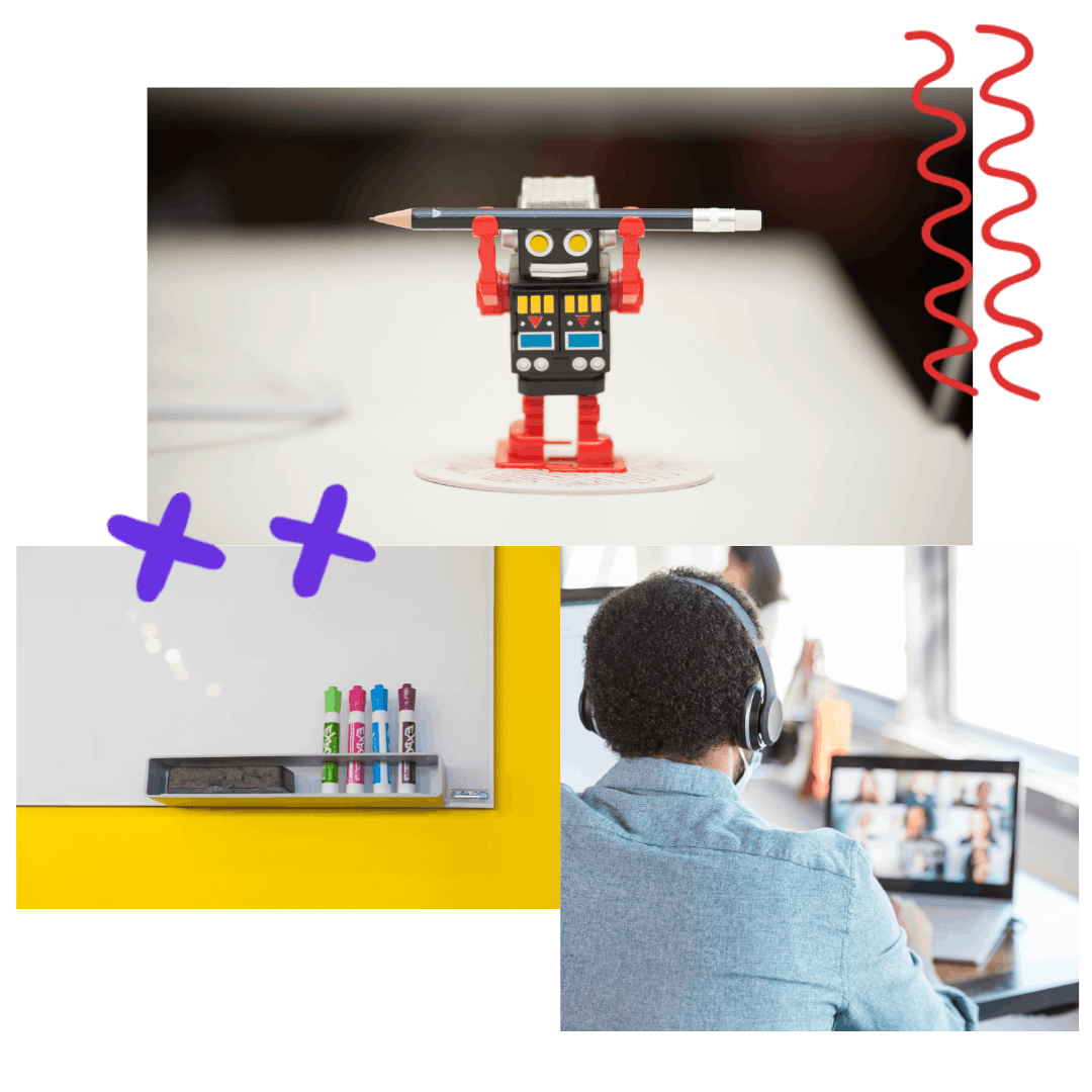 photo collage of a whiteboard, meeting and robot toy