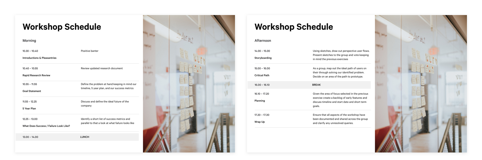 two presenation mock ups of the workshop schedule