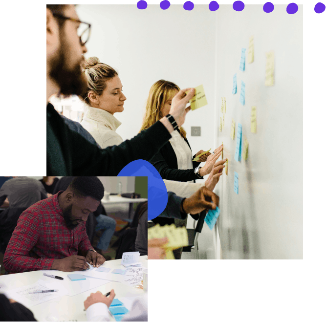 A collage of photos with hand-drawn elements; from top left, a group of people organizing post-its on a wall, a designer working at a conference table putting post-its on paper to create the frame for a storyboard