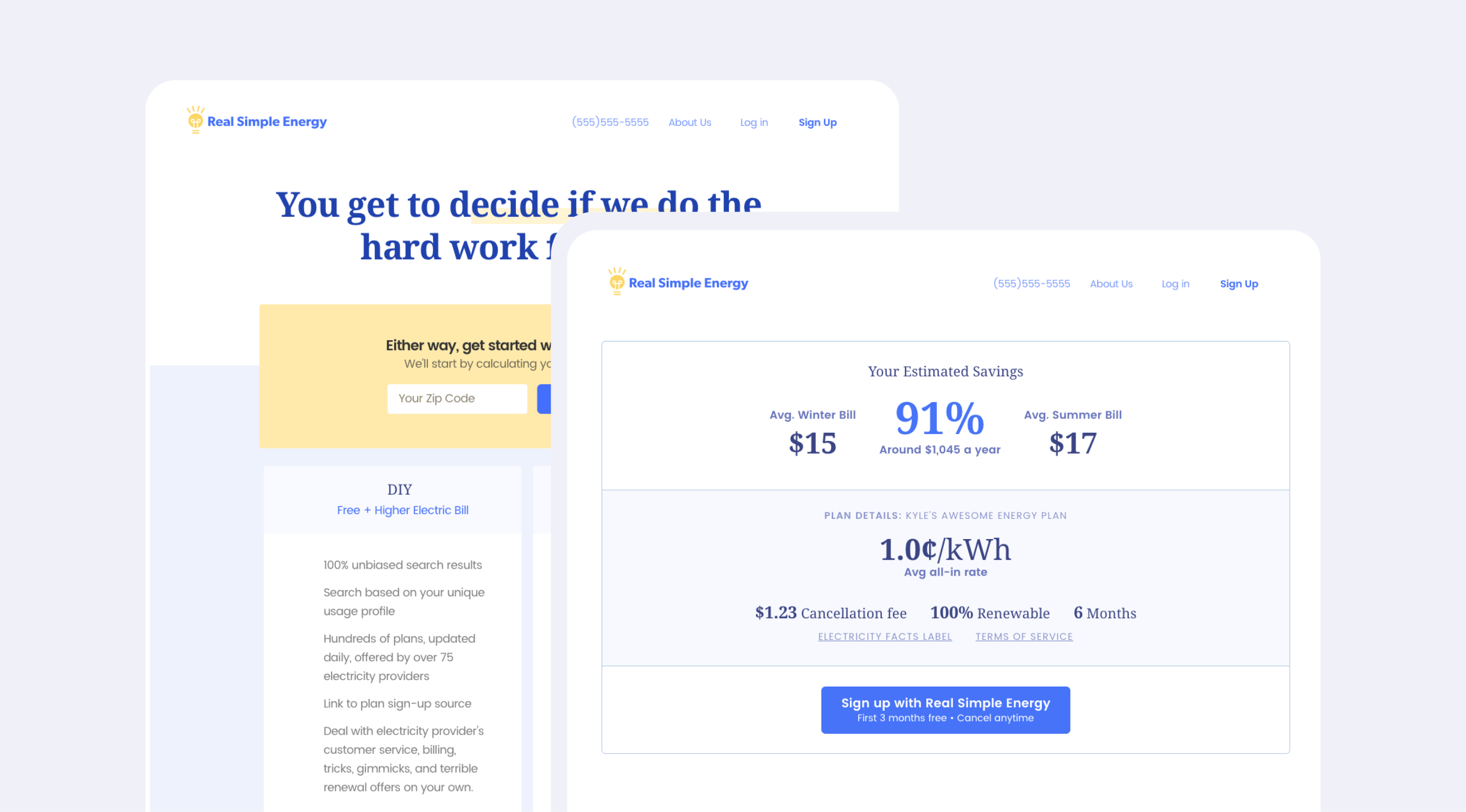 Two pages from the Real Simple Energy project, account information page, savings info component.