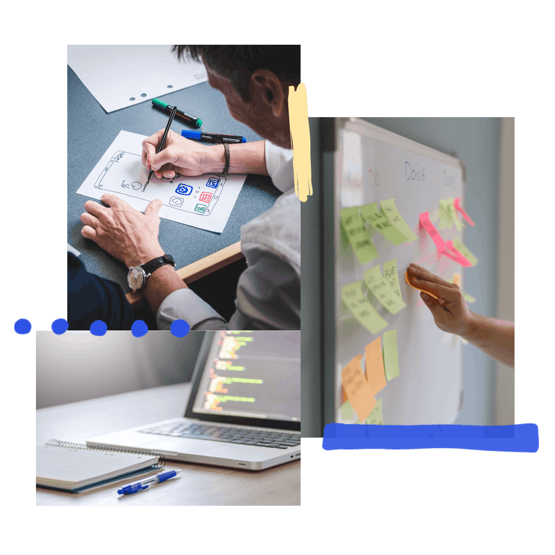 A collage of 3 images: a person drawing a prototype, an open laptop with code on the screen, and a person placing a sticky note on a whiteboard.