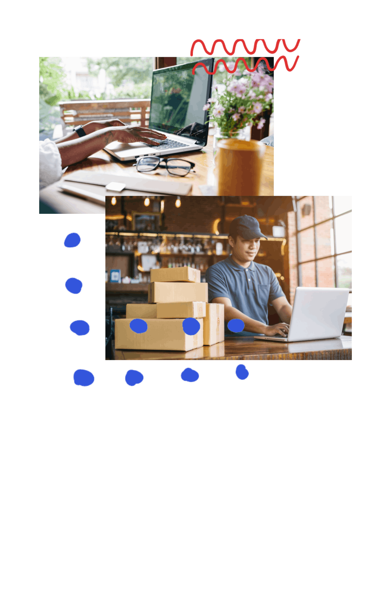 Collage of 2 images: the top has hands typing on a keyboard at a desk; the bottom one has a person in a shop typing on a keyboard with a pile of cardboard boxes next to them.