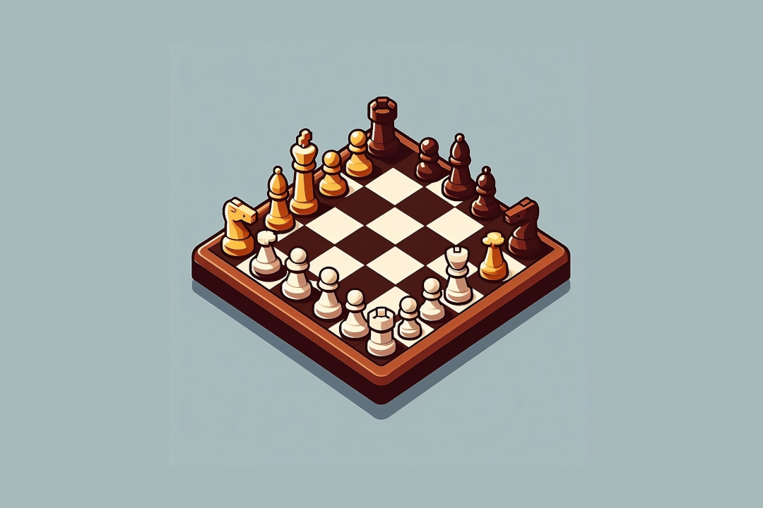 A chess board cartoon picture with visible square edges separating it from the flat color background