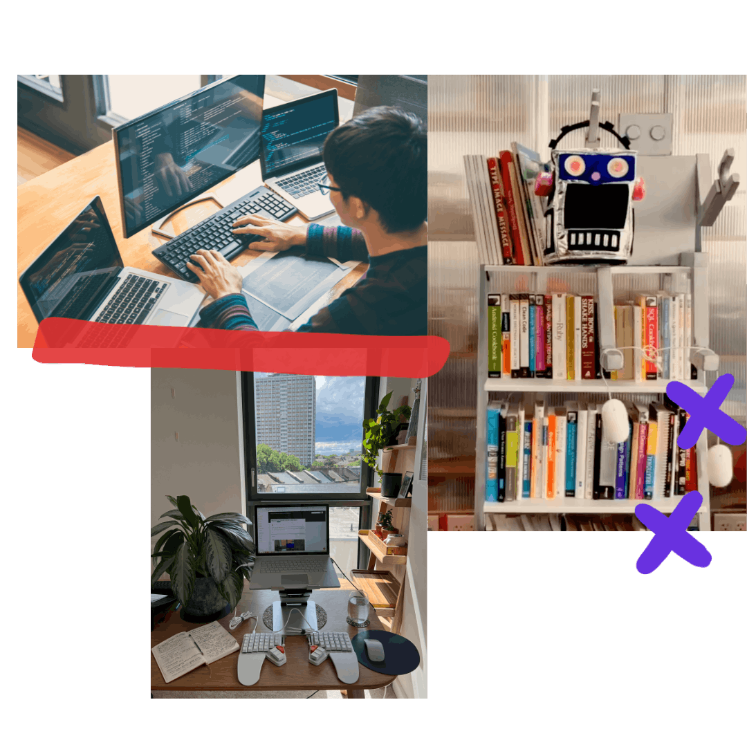 A collage of 3 images: a person typing on a laptop with 2 laptops on either side, a laptop at a desk with a window, and a bookshelf full of books with a robot toy on top.