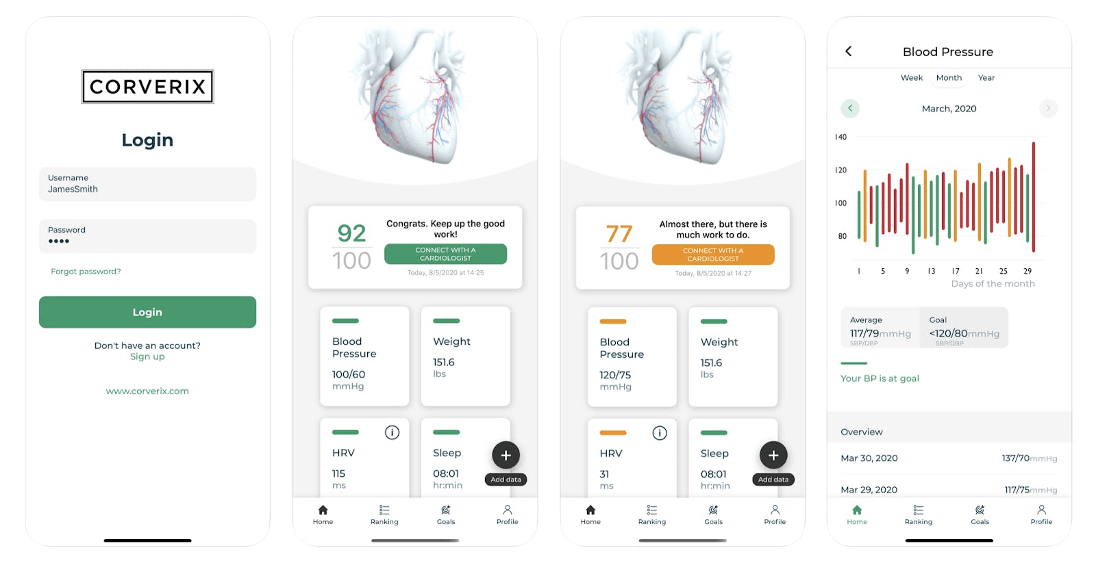 4 phone mockups next to each other, each showing different screens from the Corverix app.