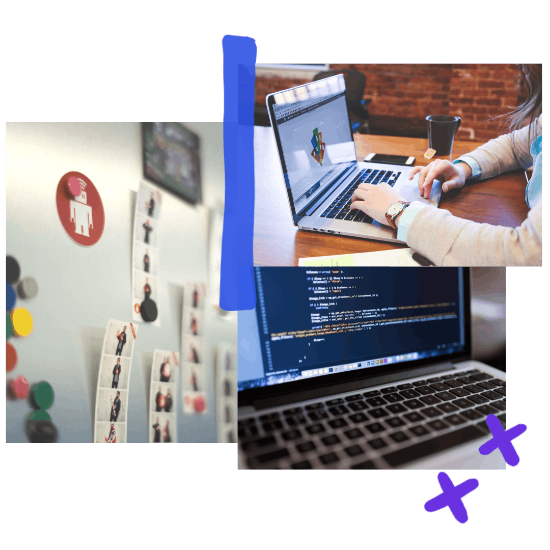 A collage of 3 images: the thoughtbot logo and photostrips on a fridge, hands typing at a laptop, a closeup of a laptop screen with code on it.