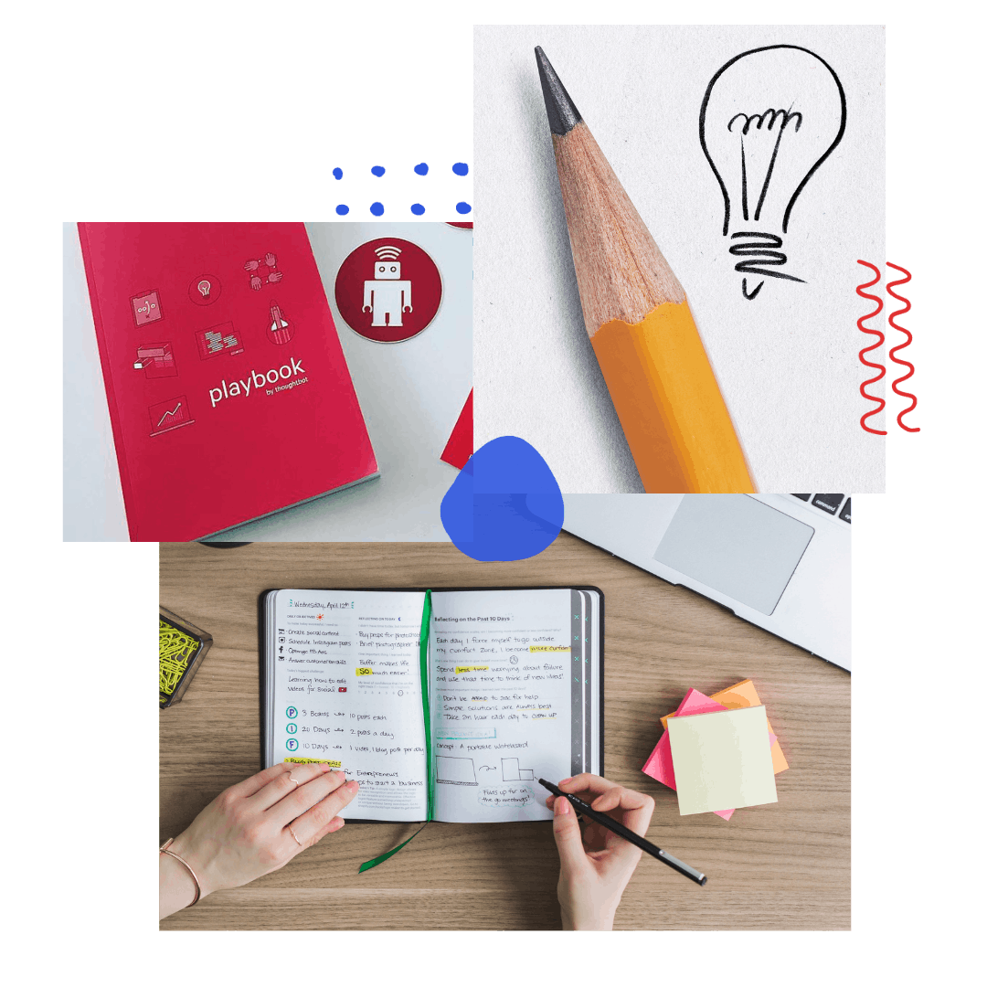 Collage of 3 images: a red book that reads Playbook, a closeup of a pencil with a lightbulb drawing next to it, hands writing in a notebook.