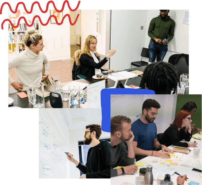 A collage of photos with hand-drawn elements; from top left, four people at a conference room, one person talking and one at the whiteboard, a designer drawing in blue marker on a whiteboard, a group of people at a table with sharpie sketches and post-its in-front of them