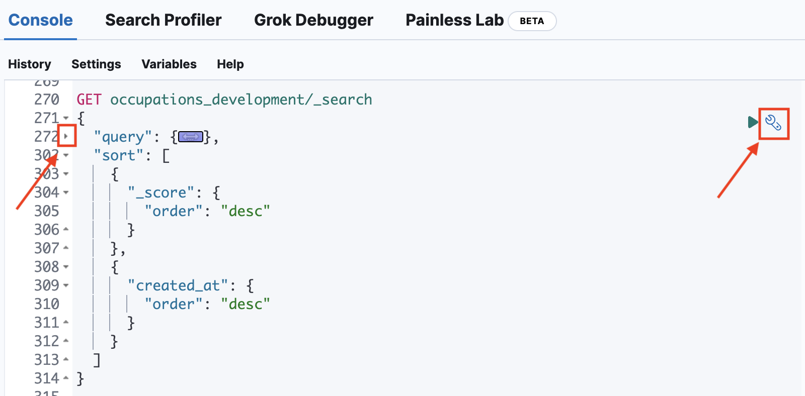 Kibana dev console fold example