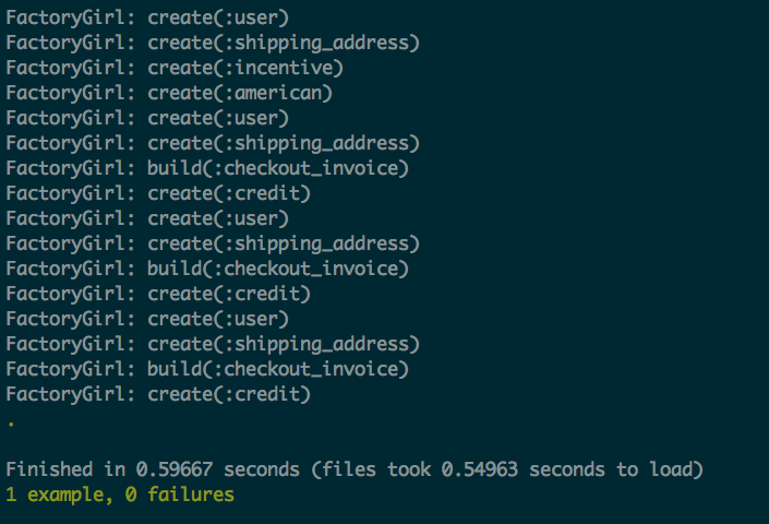 Monitor Trait Output - 4 user records created. 3 shipping addresses created. 1
incentive created. 1 american created. 3 checkout_invoices built. 3 credits
created.